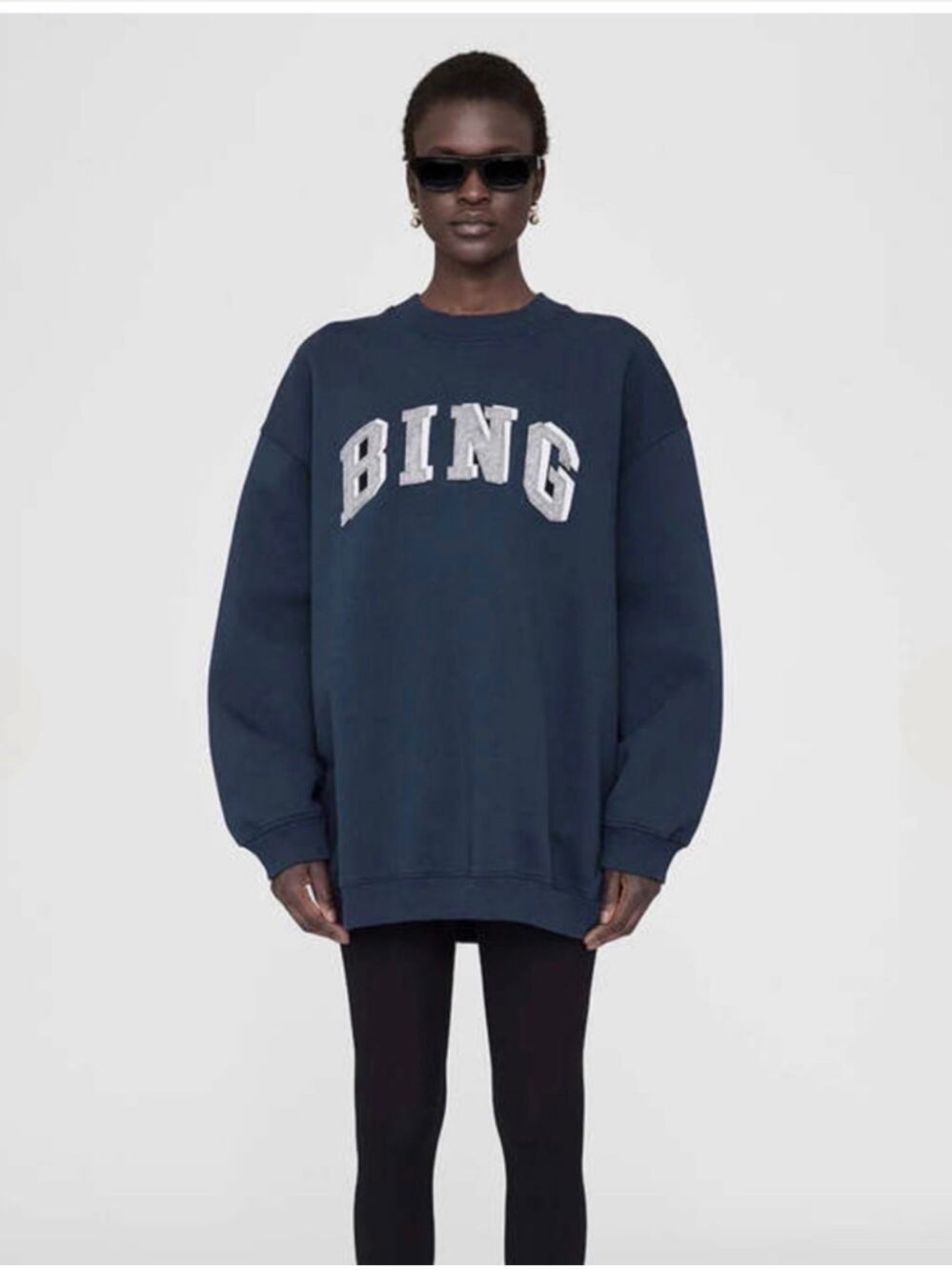 Anine Bing Tyler BING Varsity Chenille Oversized Sweatshirt Navy Slouchy Size XL